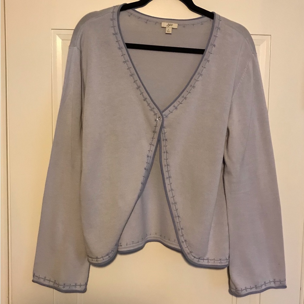 J Jill cardigan sweater 1 button color blue  sweater with purple trim in size L